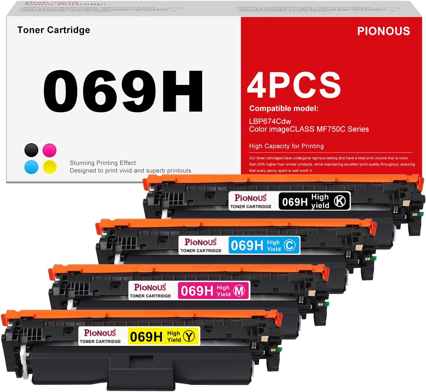 069H High-Yield Toner Cartridge Set 4-Pack - Compatible Replacement for Canon 069H 069 CRG069H (Black, Cyan, Magenta, Yellow) for imageCLASS MF751Cdw, MF753Cdw, LBP674Cdw Printers