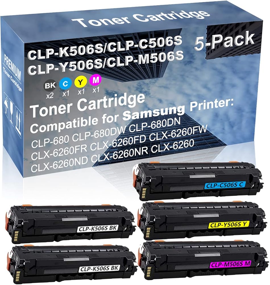 5-Pack (2BK+C+Y+M) Compatible High Yield CLP-K506S+ CLP-C506S+ CLP-Y506S+ CLP-M506S Laser Printer Toner Cartridge Used for CLX-6260ND CLX-6260NR CLX-6260 Printer