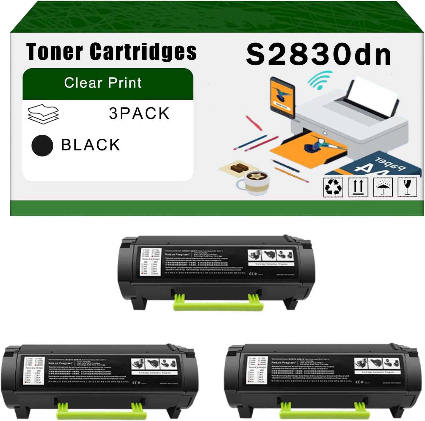 Compatible for Dell S2830dn Toner Cartridges 593BBYP FR3HY-JUMBO S2830dn Smart Printer Printers, High Yield 30000 Pages Bright Clear Colors (3 Pack Black)