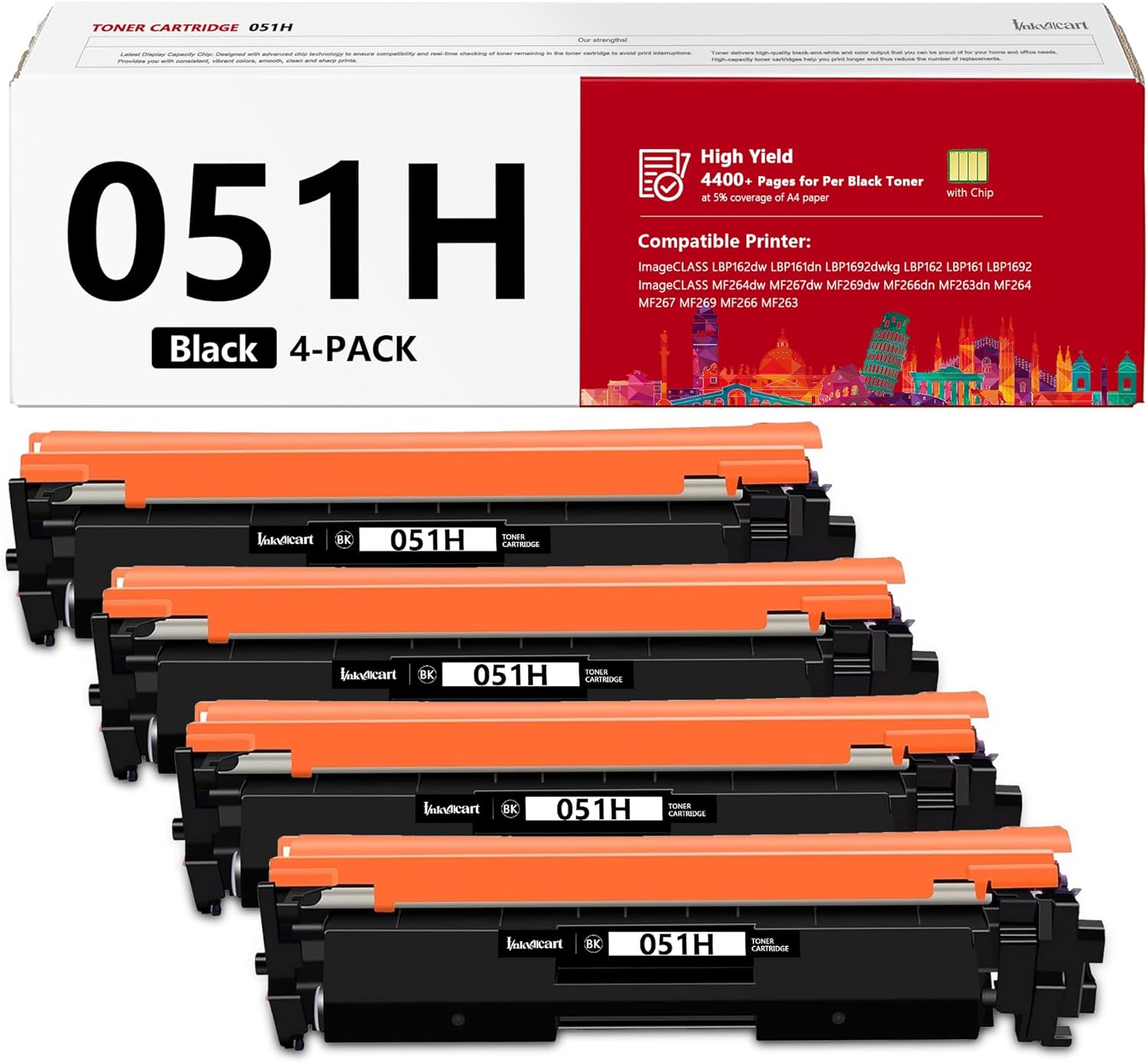 CRG-051H 051H Toner Cartridge Replacement for Canon 051 051H Toner Cartridge ImageCLASS MF264dw MF267dw MF266dn MF263dn MF267 MF266 ImageCLASS LBP162dw LBP161dn LBP162 LBP161 Printer (4-Pack)