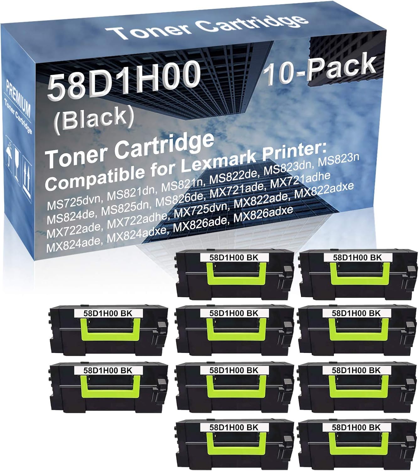 10-Pack Compatible High Capacity 58D1H00 Printer Cartridge use for MS825dn MS826de MX721ade MX721adhe MX722ade MX722adhe MX725dvn Printer (Black)