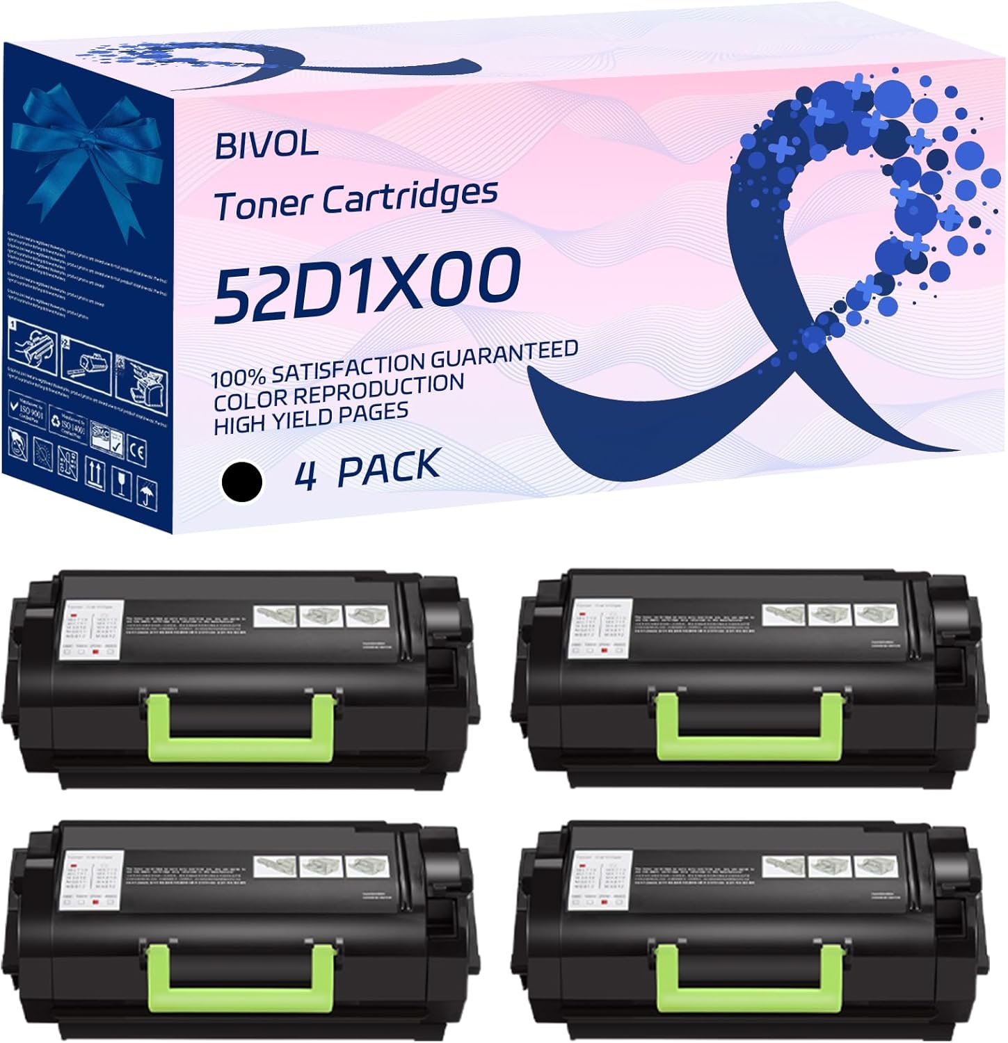 BIVOL 52D1X00 Toner Cartridges Compatible for Lexmark MS811dtn MX810dtme MX812dpe MX812dxe MX810dtme MX810dxpe MX812de Printers, with Chip, High Yield 55000 Pages, Vivid Colors (4 Pack Black)