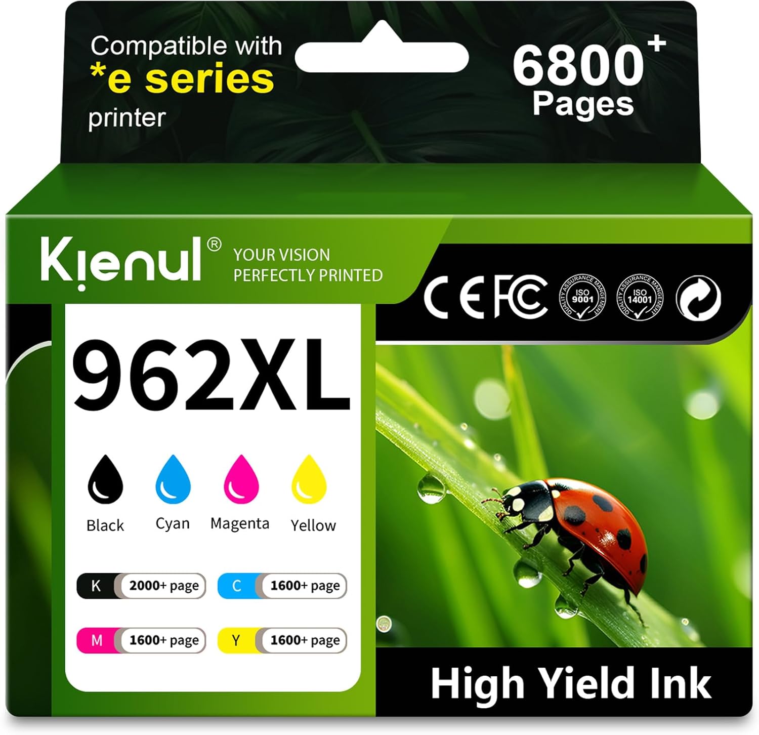 Kienul 962XL Ink Cartridges 4 Pack High Yield Replacement for HP 962 XL Ink Cartridge, Work with Officejet Pro 9015e 9010 9025e 9015 9025 9018e 9025e 9020 Printers (BK/C/M/Y)