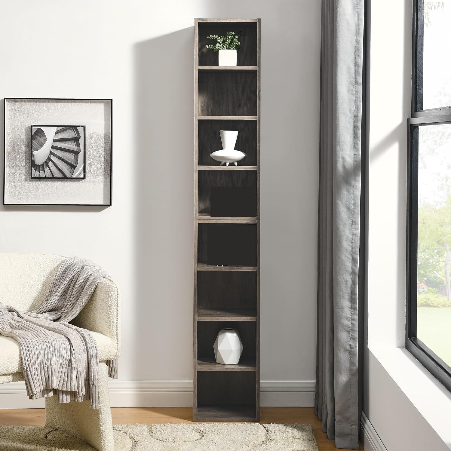 Modern 8-Tier Media Tower Rack, Adjustable Shelves, Multi-Functional Double-Decker Bookcase