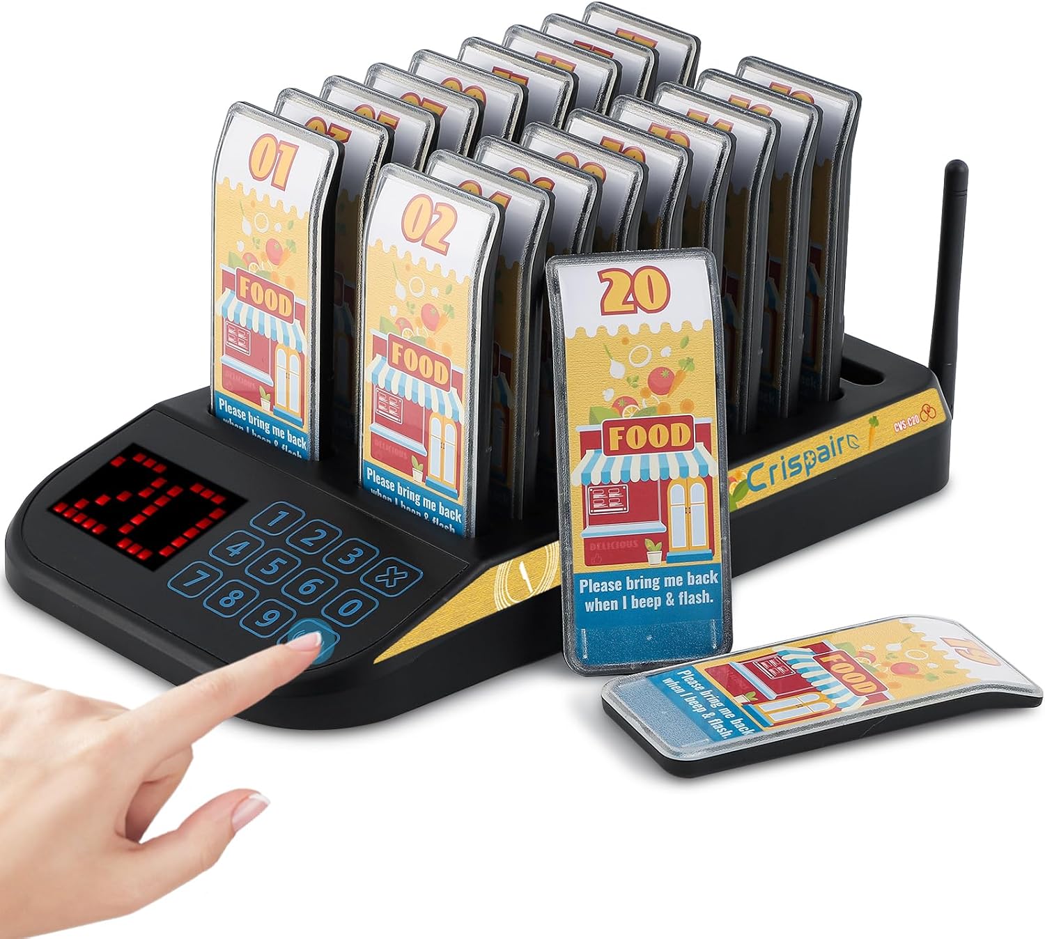 Crispaire Restaurant Pager System (Upgraded 20-Pager Set) Wireless Calling System with Charging Indicators 7 Customizable Alarm Modes and Extended Long-Range for Restaurants Food Trucks and Hospitals
