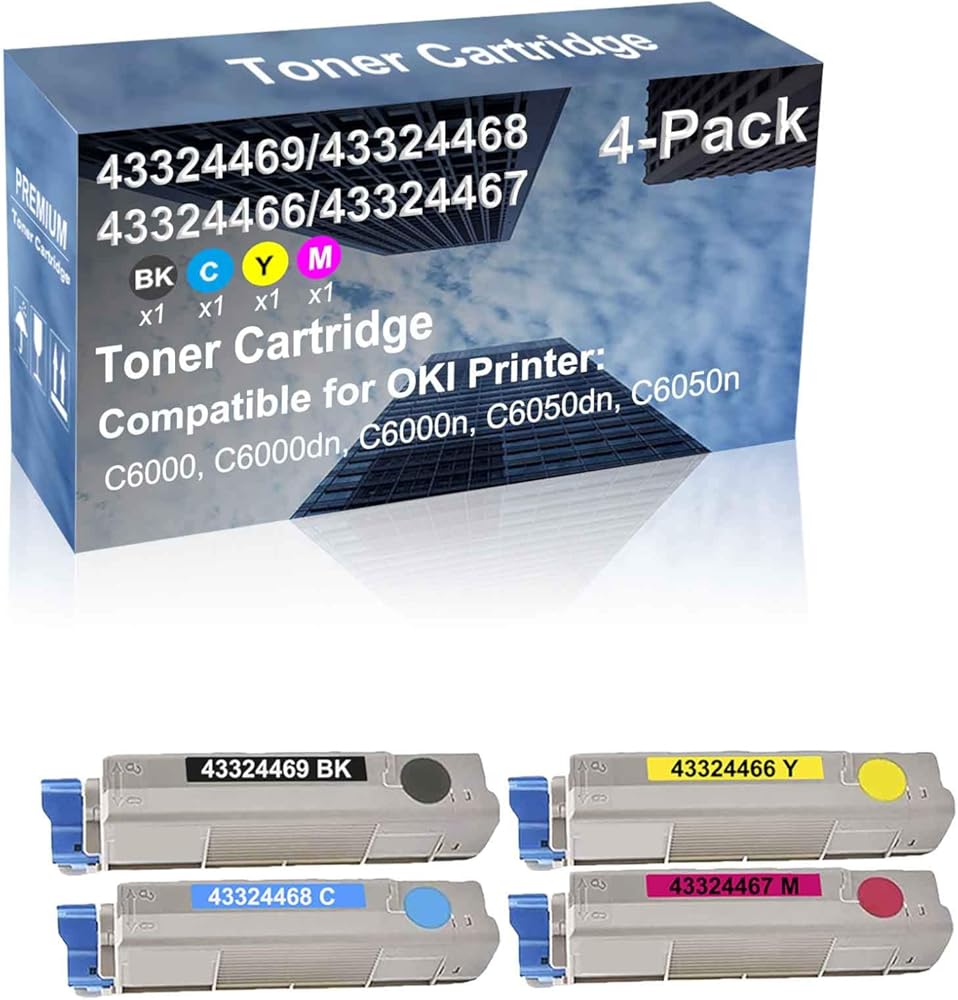 4-Pack (BK+C+Y+M) Compatible High Capacity (43324469+ 43324468+ 43324466+ 43324467) Toner Cartridge Used for C6000, C6000dn Printer