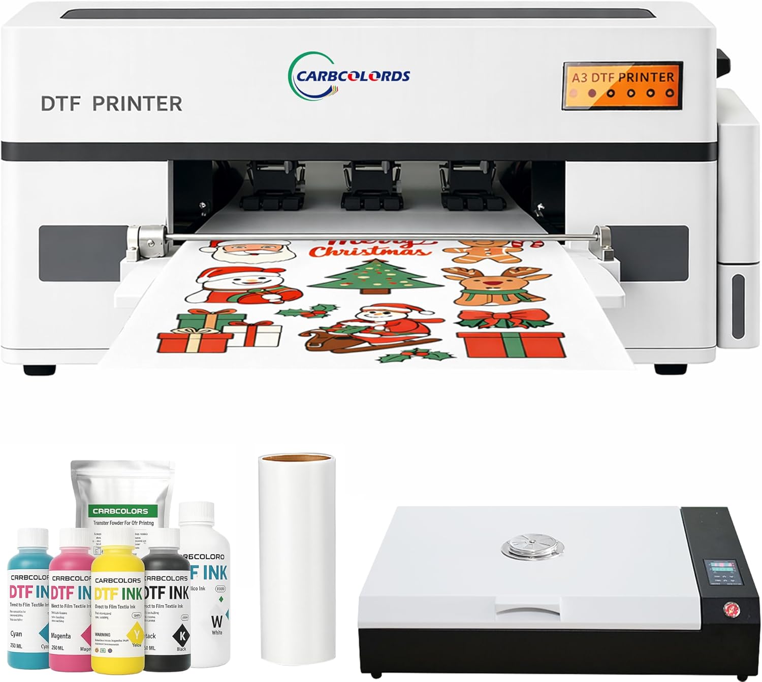 Carbcolords A3 DTF Printer with XP600 Printhead – Direct to Film Printing Machine with White Ink Circulation, Roll Feeder & RIP Software for Small Business Production (A3 DTF Printer+Oven)