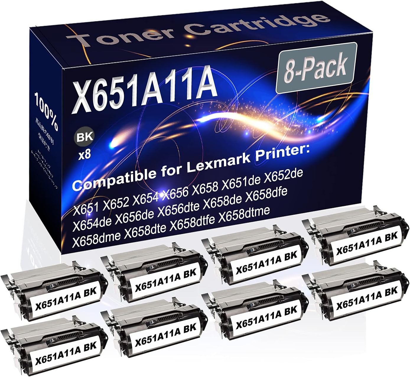 Kolasels 8-Pack (Black) Compatible High Yield X651A11A Printer Cartridge use for X651 X652 X654 X656 X658 X651de Printer