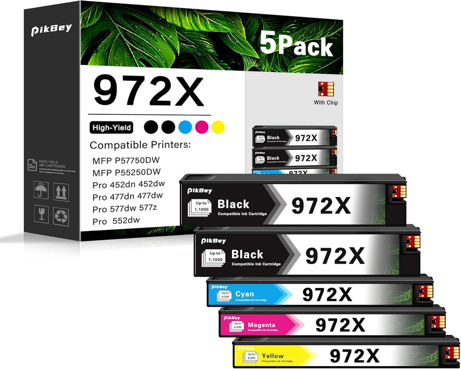 972X Ink Cartridges High Yield Combo Pack (5-Pack, 2Black/1Cyan/1Magenta/1Yellow) Compatible 972X 972 Ink Cartridge Replacement for HP Pagewide MFP P57750DW Pro 452dn 452dw 552dw 477dw 577dw Printer
