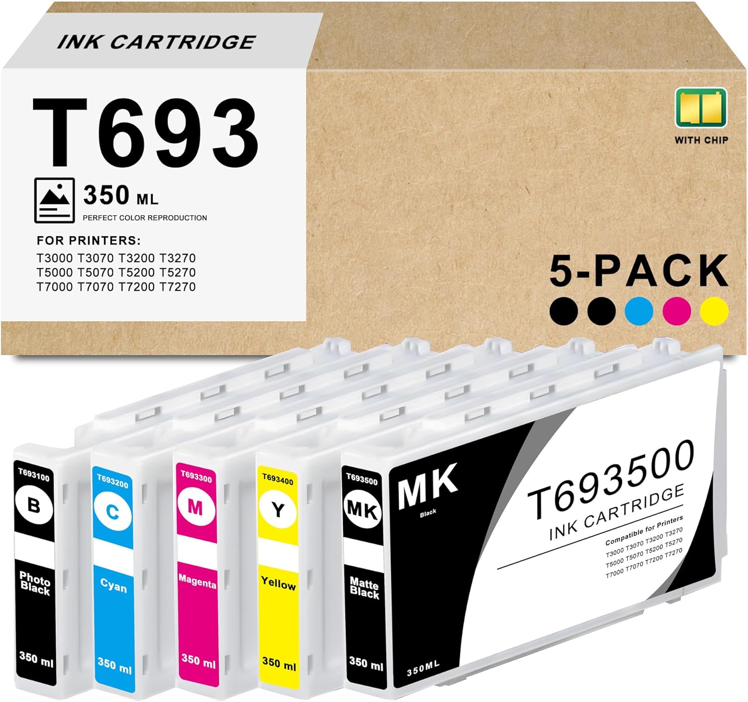 Remanufactured T693 Ink Cartridge Replacement for T6931 T6932 T6933 T6934 T6935 Ink Work with SureColor T3000 T3070 T3200 T3270 T5000 T5070 T5200 T5270 T7000 T7070 T7200 T7270 Printer Ink (5-Pack)