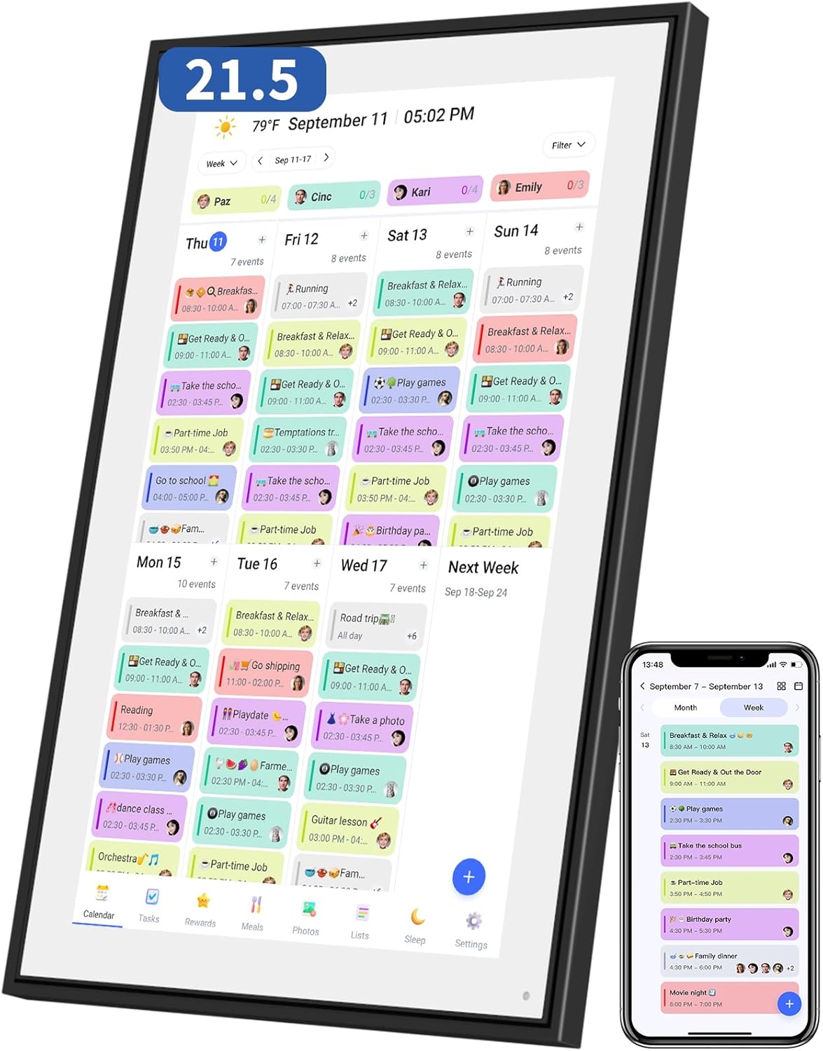 21.5 Inch Digital Calendar, Electronic Chore Chart, Smart Weekly and Monthly Planner 1920 * 1080P IPS Touchscreen Wall and Desk Calendar for Family Schedules, Black