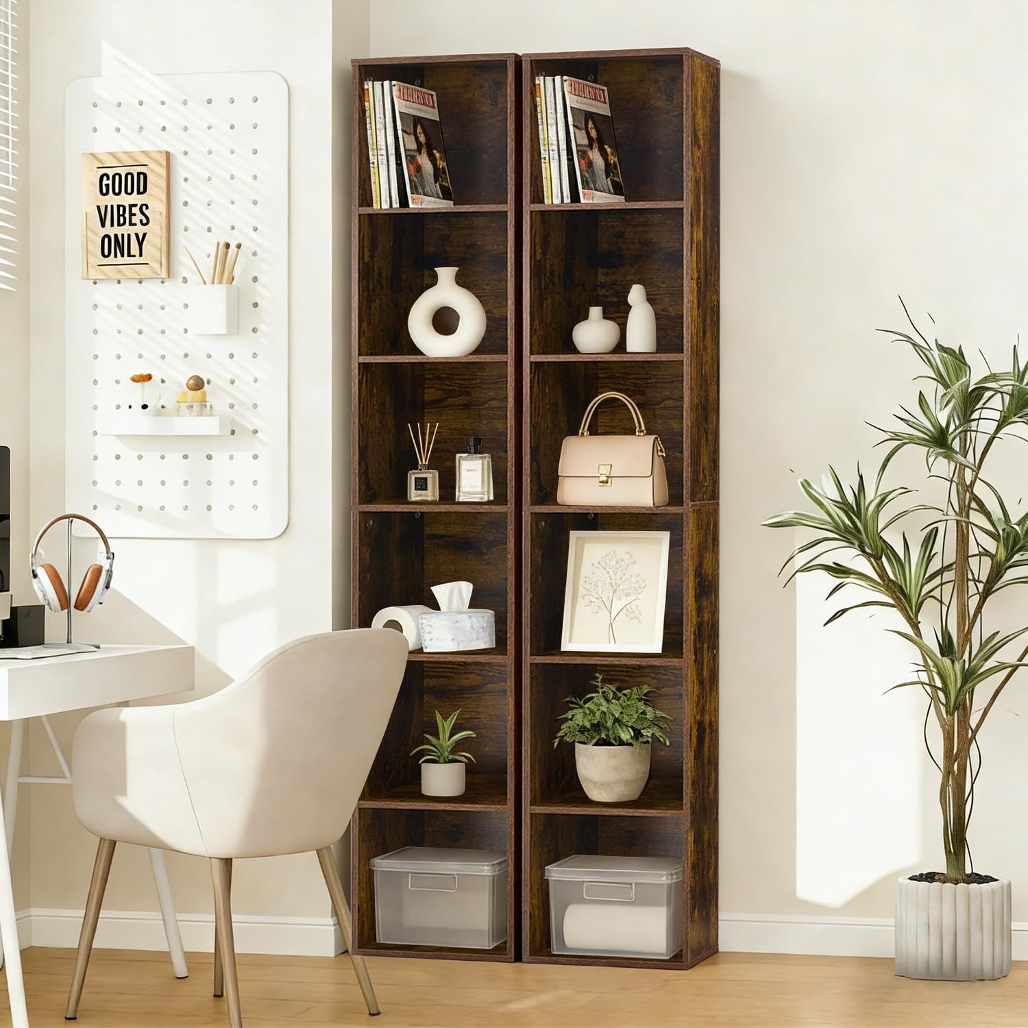 Puntogen Tall Narrow Bookshelf Set of 2, 6-Cube Wood Bookcase with Open Storage Shelf, 9.3 x 12 x 72 Inches, CD DVD Slim Storage Cabinet, for Small Space, Living Room, Home Office, Brown