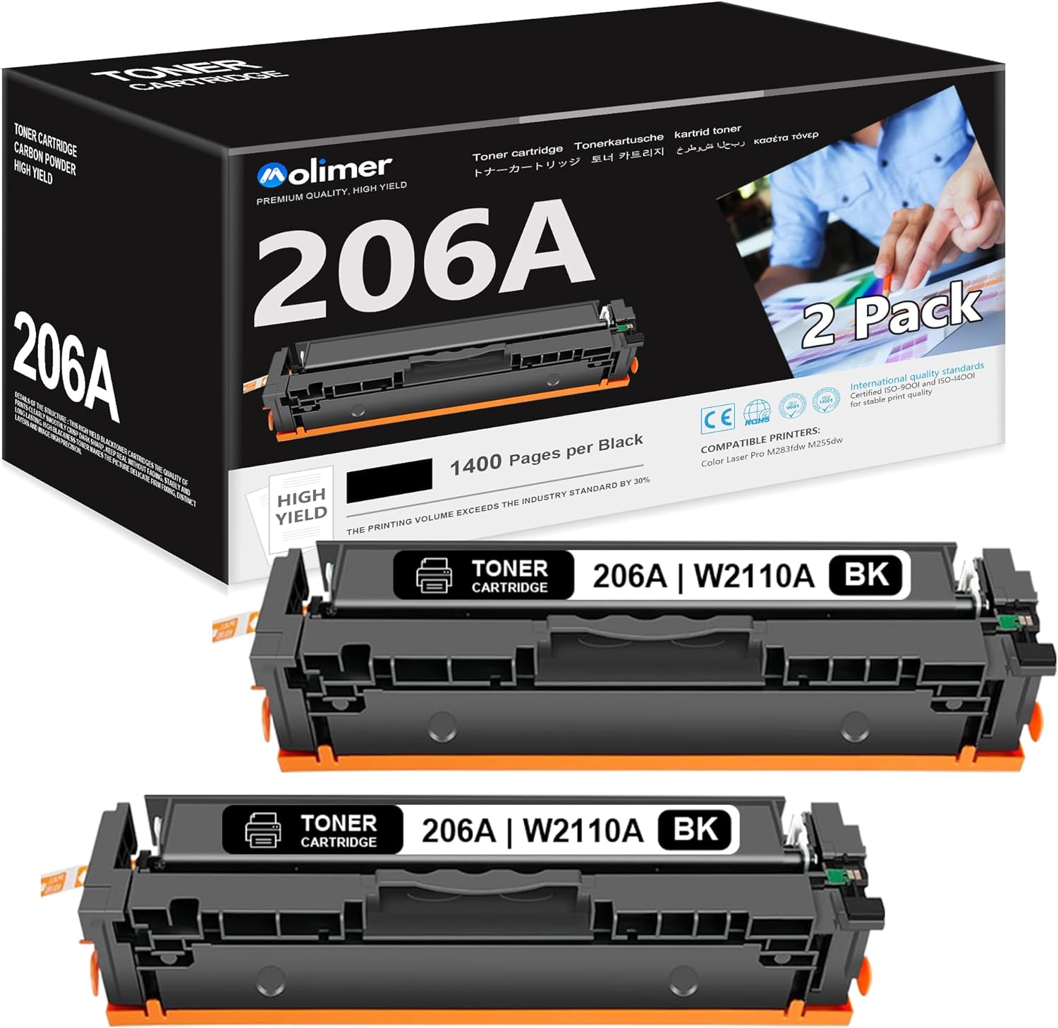 MOLIMER 206A Black Toner Cartridges 2 Pack Replacement for HP 206A W2110A Toner for Color Pro MFP M282nw M283cdw M283fdn M255dw Printer | W2110A Black Toner