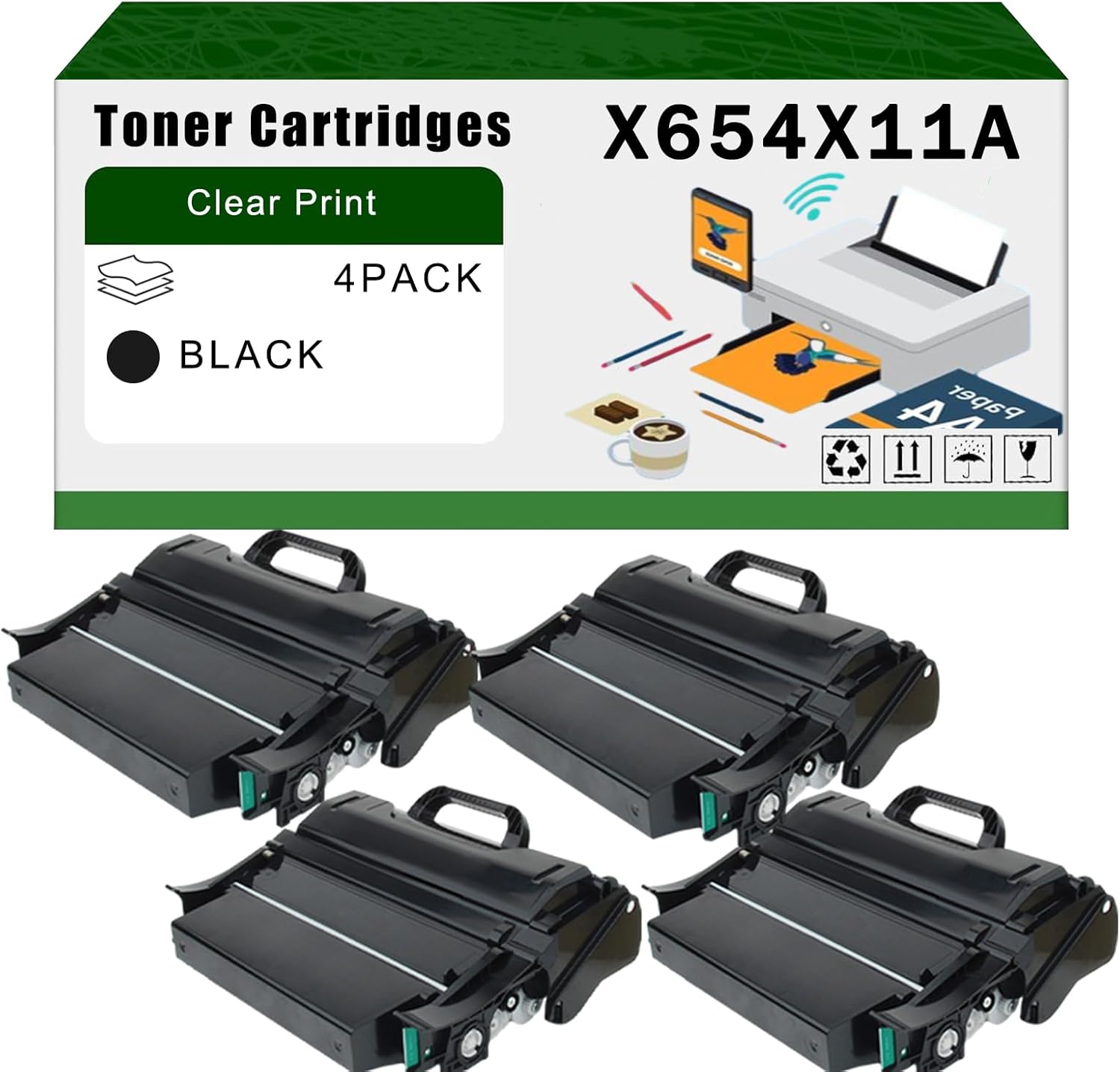 Compatible for Lexmark X654X11A Toner Cartridges X654 X656 X658 Printers, High Yield 46000 Pages Bright Clear Colors (4 Pack Black)