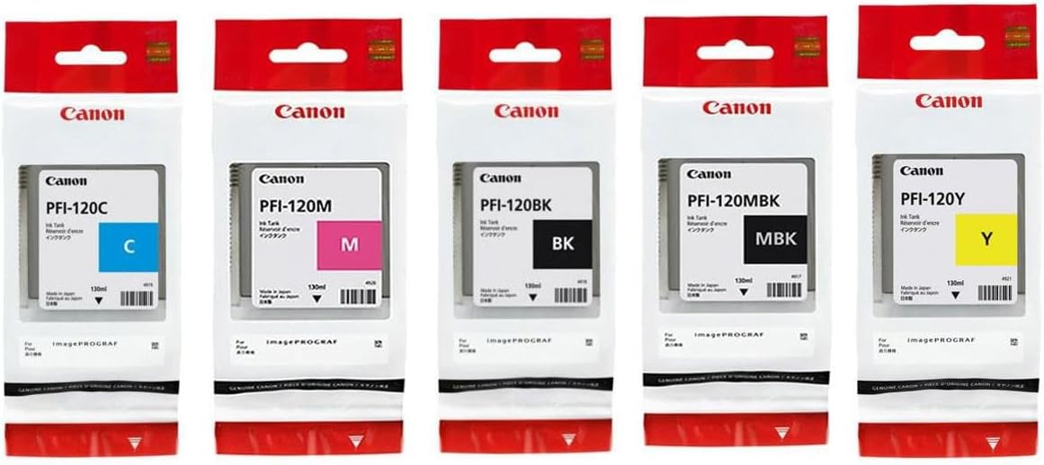 Canon PFI120 Pigment Ink Tank Bundle (Matte Black, Cyan, Magenta, Yellow, Black) in Retail Packaging
