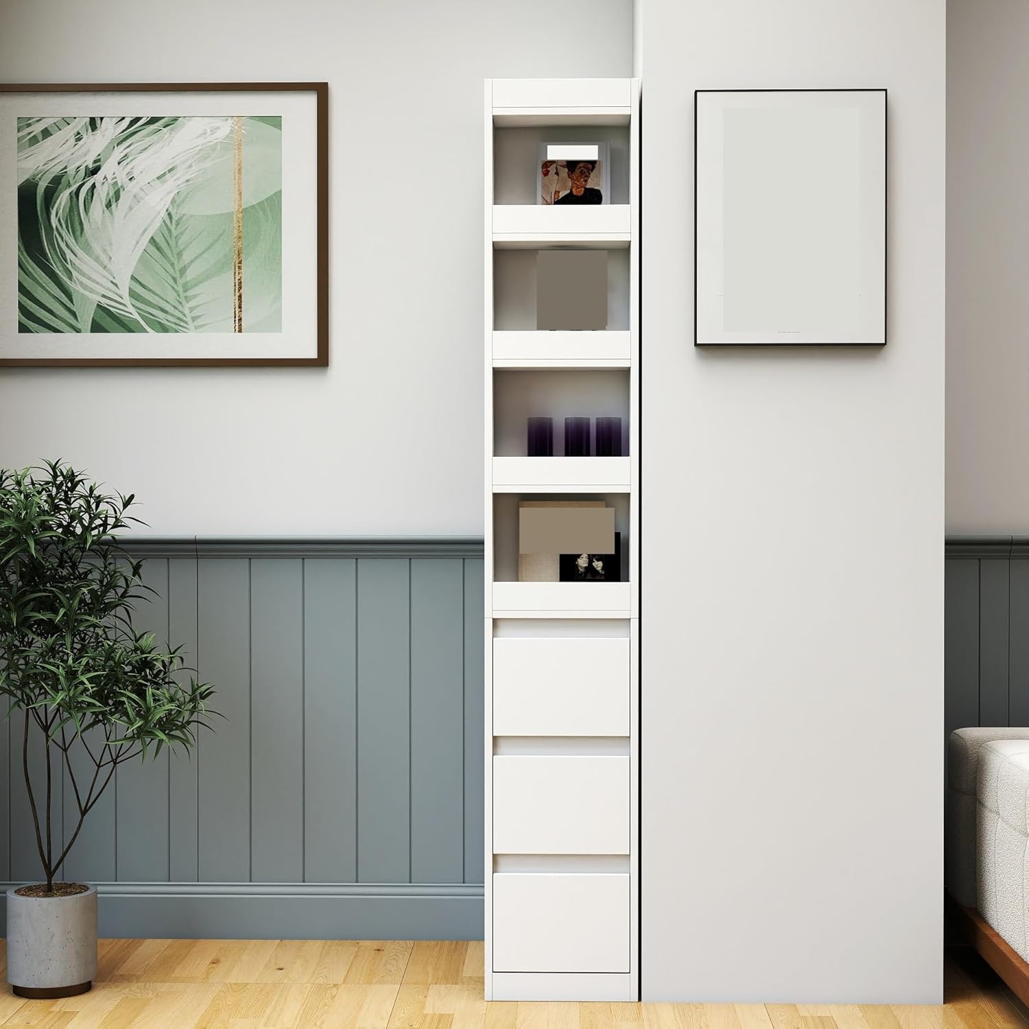 Modern Tall Bookshelf Bookcase, Display Storage Cabinet, 4-Tier Shelf, 3 Side Drawers,for Kitchen Home