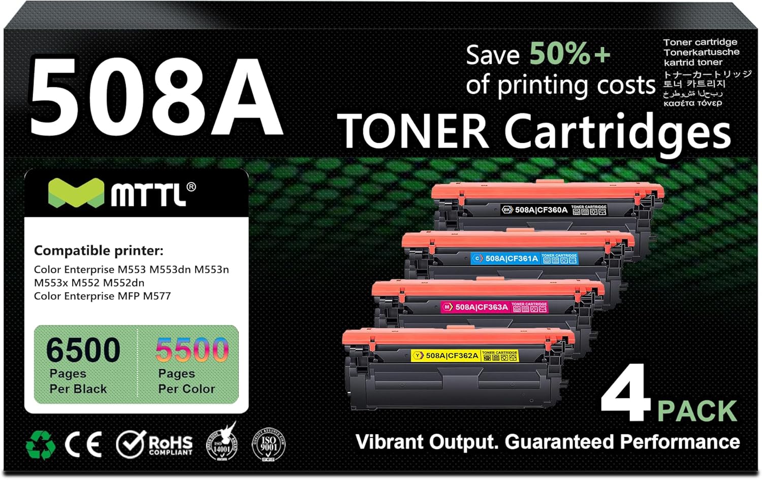 508A Toner Cartridge 4 Pack Set (1Black/1Cyan/1Magenta/1Yellow) Replacement for HP 508A 508X for MFP M577, M553, M553dn, M553n, M553x Printer