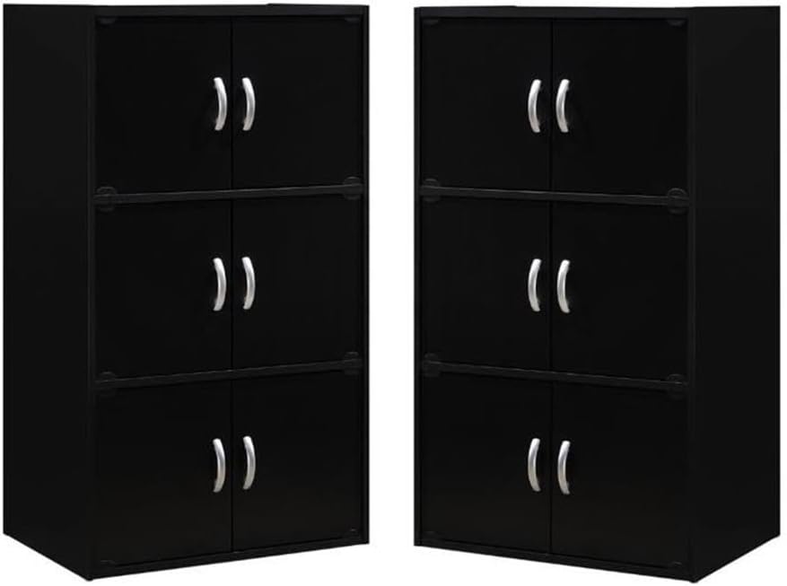 Home Square 3 Shelf 6 Door Wooden Bookcase Set in Black (Set of 2)