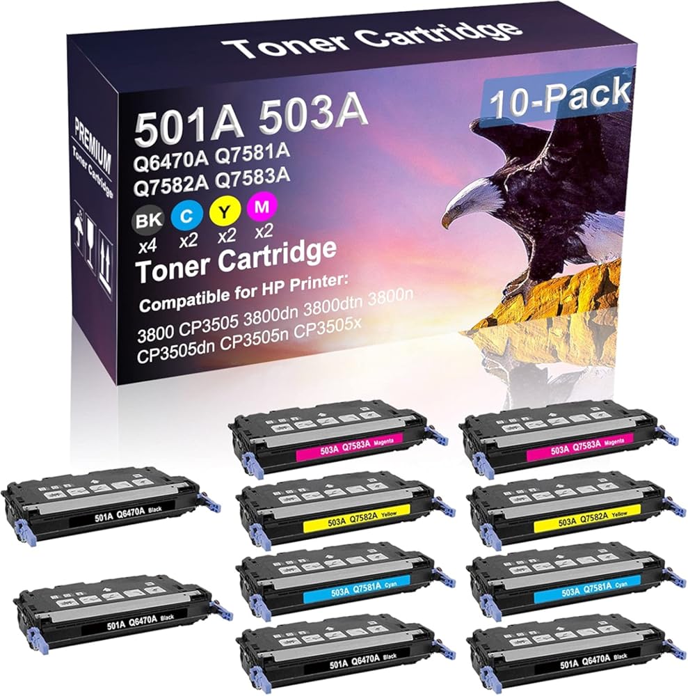 10 Pack (4BK+2C+2Y+2M) Compatible Laser Printer Cartridge (High Yield) Replacement for HP 501A 503A | Q6470A Q7581A Q7582A Q7583A Imaging Cartridge use for HP 3800 CP3505 Series Printer