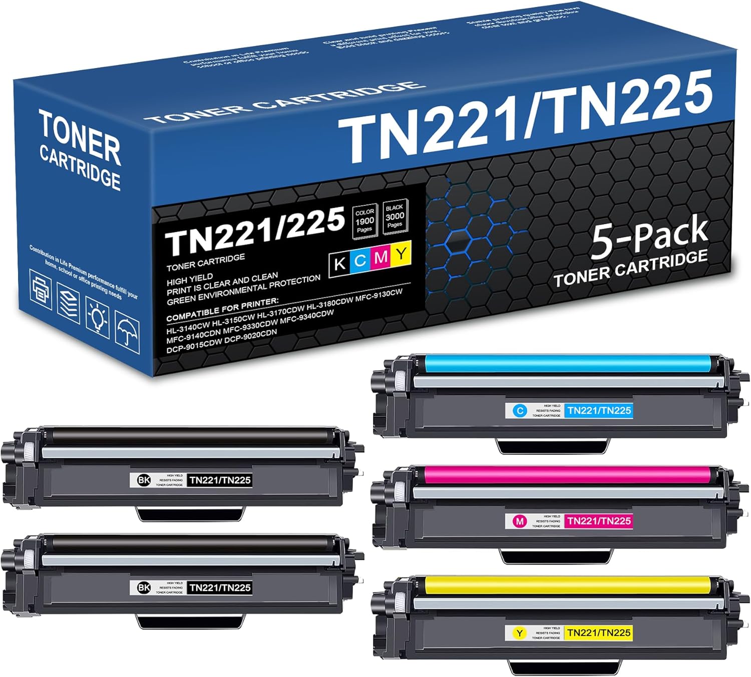 TN221 TN225 High-Yield Toner Cartridges 5-Pack, Replacement for Brother TN 221 TN 225 TN-221 Toner for with HL-3170CDW HL-3140CW HL-3150CW HL-3180CDW MFC-9140CDN Printer (BK/Y/M/C)
