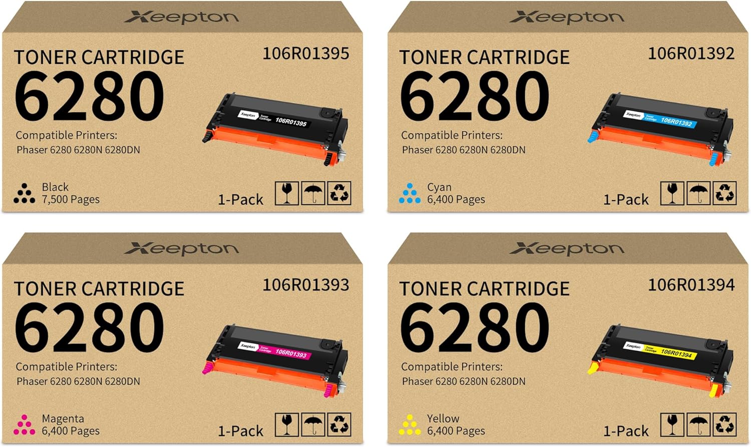 Xeepton Phaser 6280 Toner Cartridge Replacement for Xerox 6280 106R01395 106R01392 106R01393 106R01394 Toner Cartridge for Phaser 6280 6280N 6280DN Printer (4-Pack, Black Cyan Magenta Yellow)