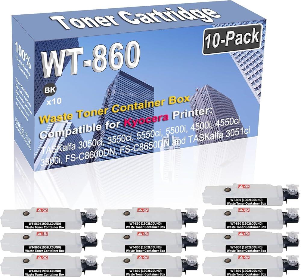 10-Pack (Black) Compatible High Capacity WT-860 WT860 (1902LC0UN0) Waste Toner Container Box Used for Kyocera TASKalfa 3050ci 3550ci 5550ci 5500i 4500i 4550ci 3500i FS-C8600DN Printer
