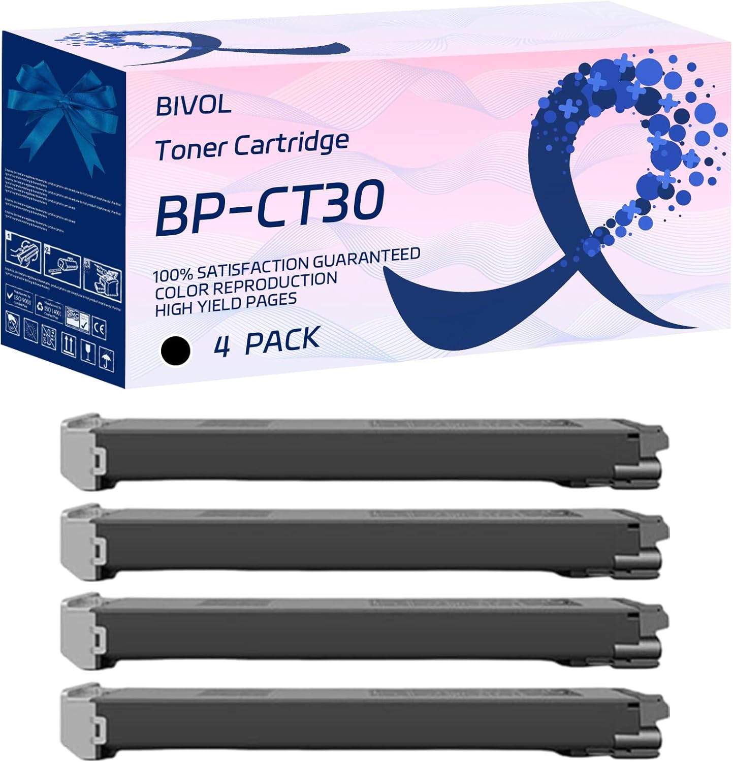 BIVOL BP-CT30 Toner Cartridge Compatible for Sharp BP-C2522R Printers, with Chip, High Yield 18000 Pages, Vivid Colors (4 Pack Black)
