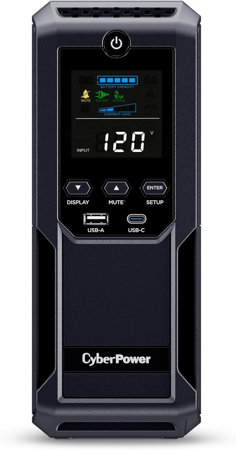 CyberPower CP1500AVRLCD3 Intelligent LCD UPS System, 1500VA/900W, 12 Outlets, 2 USB Ports, AVR, Mini Tower, Black