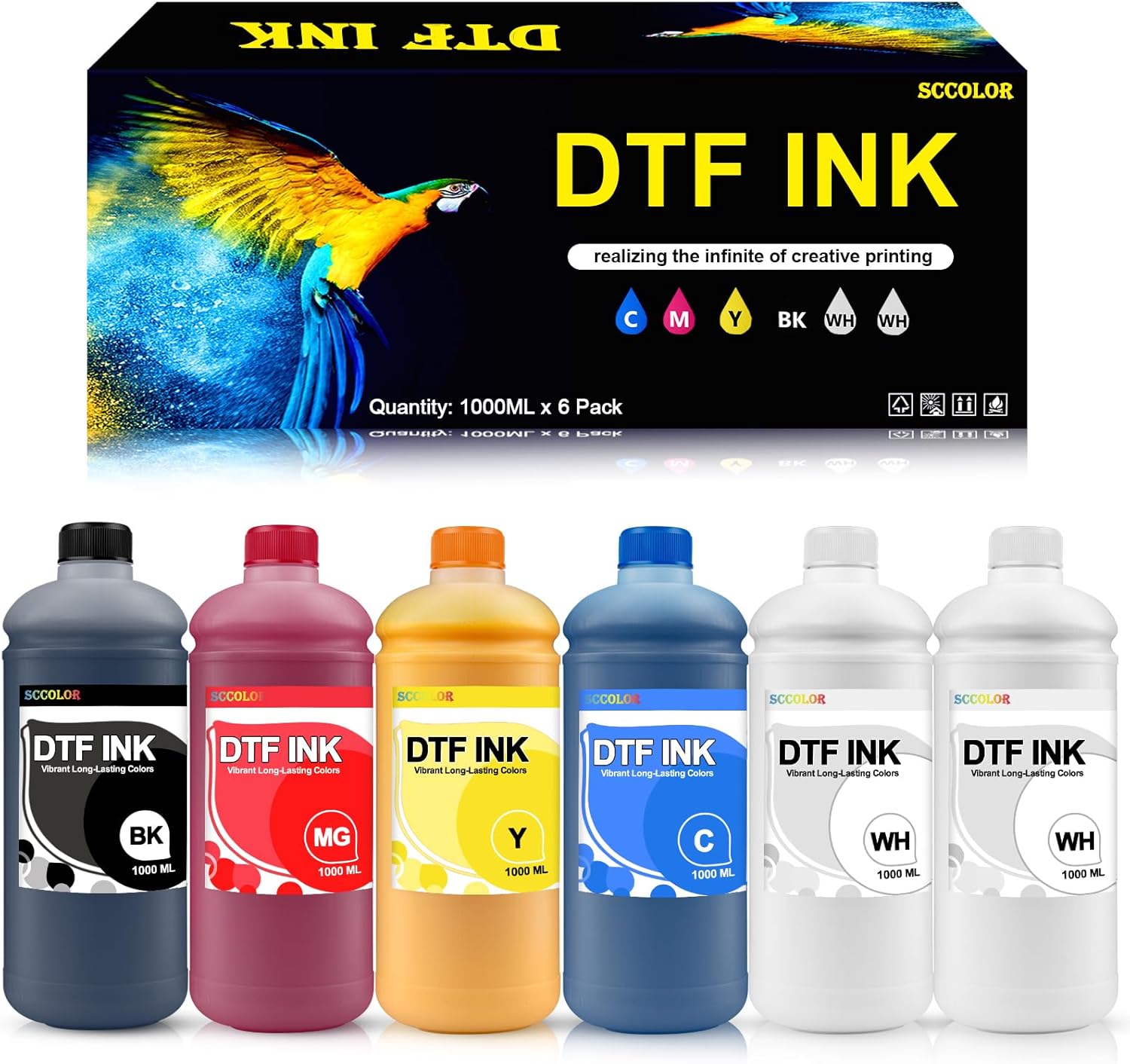 DTF INK Combo Pack 1000ML-Premium Direct-to-Film Transfer Ink for PET Film Compatible for Printheads L1800 L805 R1390 4720 I3200 XP600 DX7 DX5 5113(2 White,1 Black,1 Cyan,1 Magenta,1 Yellow)