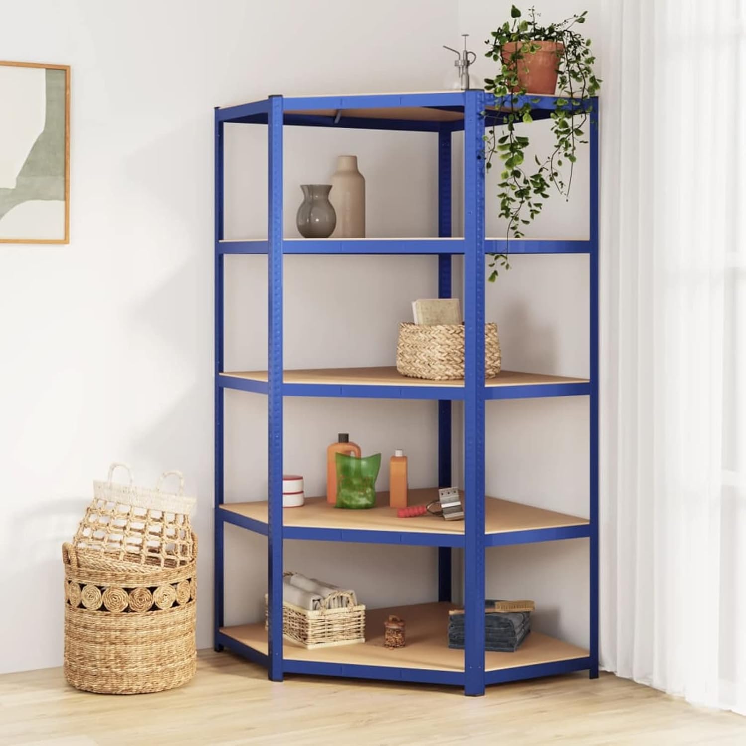 Homgoday Corner Shelving 5 Levels Plywood and Blue Steel, Book Shelf, Bookcase, Bookcase, Furniture Office Living Room Home Bedroom Shelves