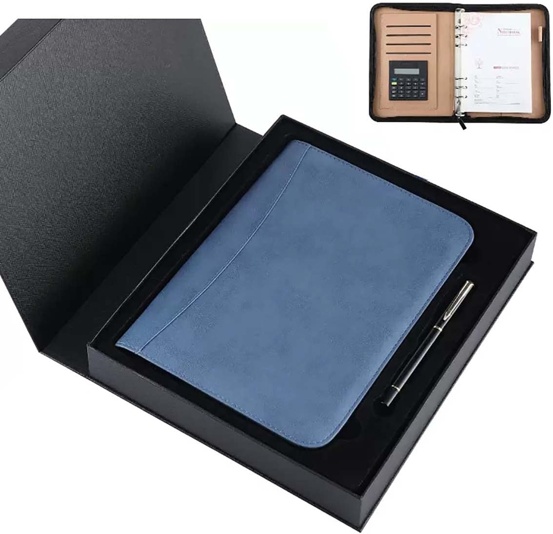 Padfolio Organizer Binder,Portfolio, A5 PU Faux Leather Conference Folder Business Office Work Portfolio Organiser Padfolio Folder with Calculator 6 Ring Binder Clipboard with Box(Blue)