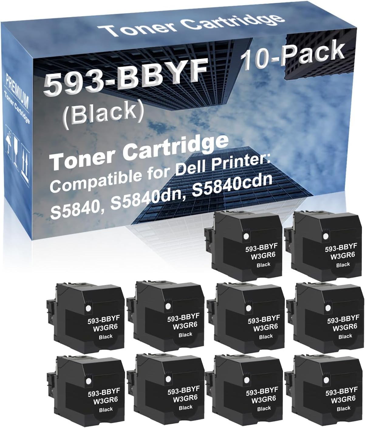 10-Pack Compatible High Capacity 593-BBYF (W3GR6) Printer Cartridge use for Dell S5840, S5840dn, S5840cdn Printer (Black)