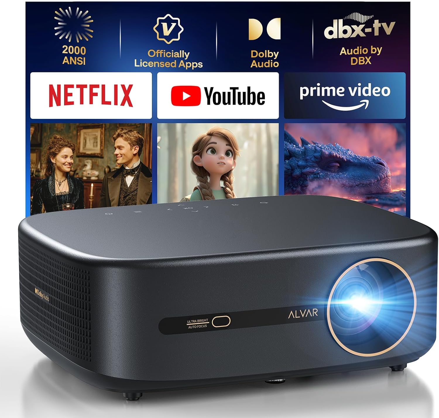 [2000 ANSI/4K Support/DoIby Audio & DBX-TV] Alvar Smart Projector with WiFi 6 and Bluetooth 5.3, 50W Speakers, NetfIix Certified Outdoor Movie Projector, Auto Focus & Keystone, Native 1080P, Black