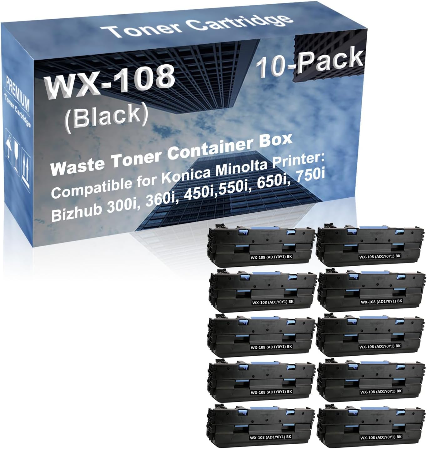 10-Pack Compatible High Capacity WX-108 (AD1Y0Y1) Waste Toner Container Box use for Konica Minolta Bizhub 300i, 360i, 450i,550i, 650i, 750i Printer (Black)