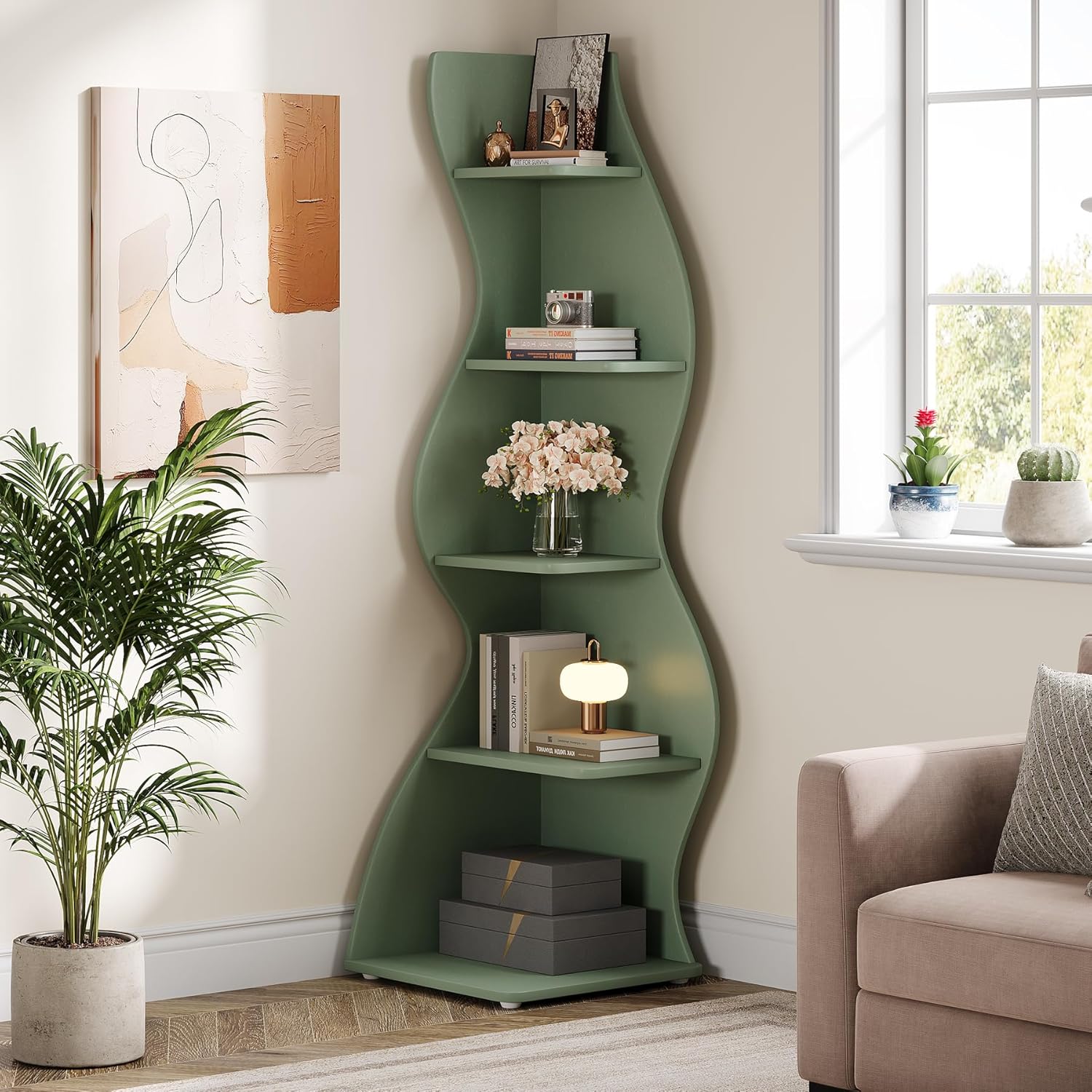 Tribesigns Wavy Corner Shelf, Modern 5-Tier Bookshelf Bookcase with Curvy Shape, Unique Plant Stand Display Rack for Living Room Small Space (Green)