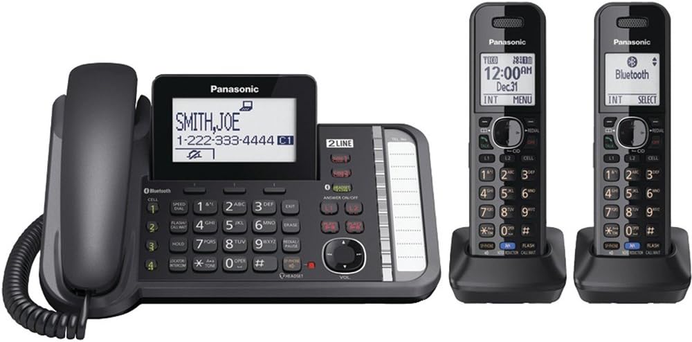 Panasonic 2-Line Corded Phone/Cordless Phone System with 2 Handsets - Answering Machine, Link2Cell, 3-Way Conference, Call Block, Long Range DECT 6.0, Bluetooth - KX-TG9582B (Black)