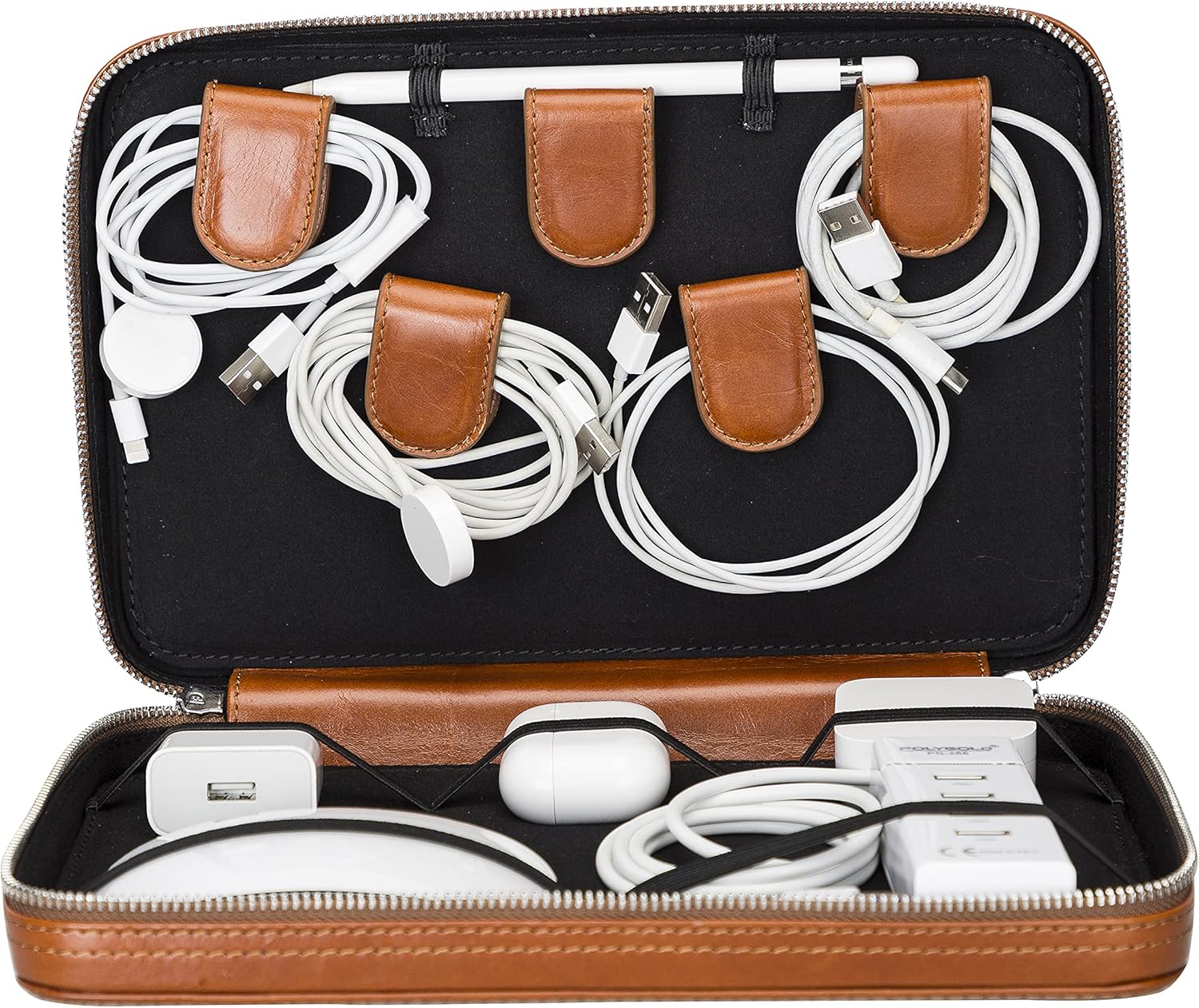 LEV AKSESUAR Genuine Leather Cable Organizer Case – Holds Up to 12 Cords, Pens & Accessories – Zippered Travel Pouch for Home, Office & Work Bags – 18x28x2.5 cm – Stylish & Durable (Rustic Tan)