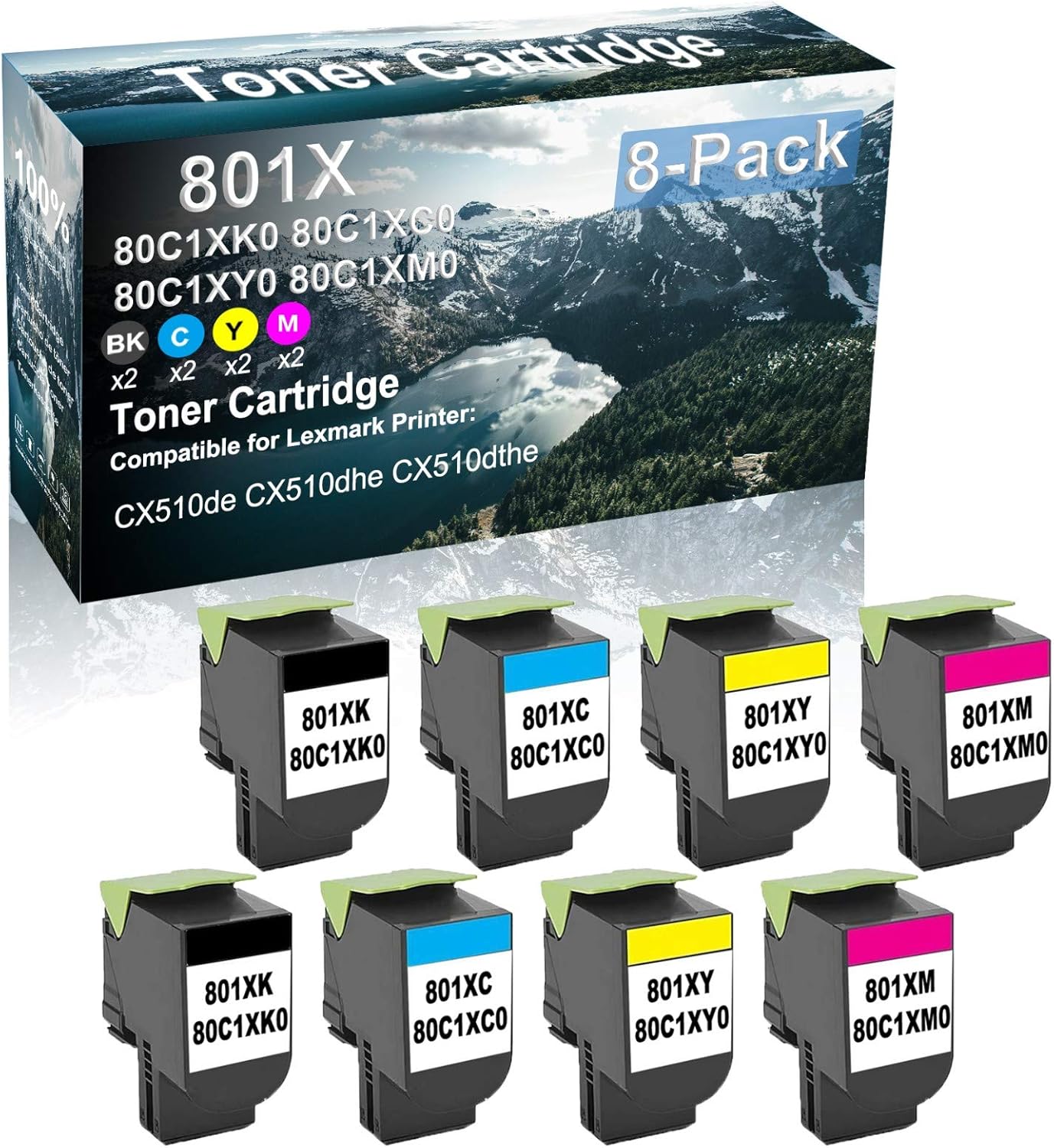 Credibility Store 8 Pack (BK+C+Y+M) Compatible 801X | 80C1XK0 80C1XC0 80C1XY0 80C1XM0 Laser Printer Toner Cartridge High Yield Use for CX510de CX510dhe CX510dthe Printer
