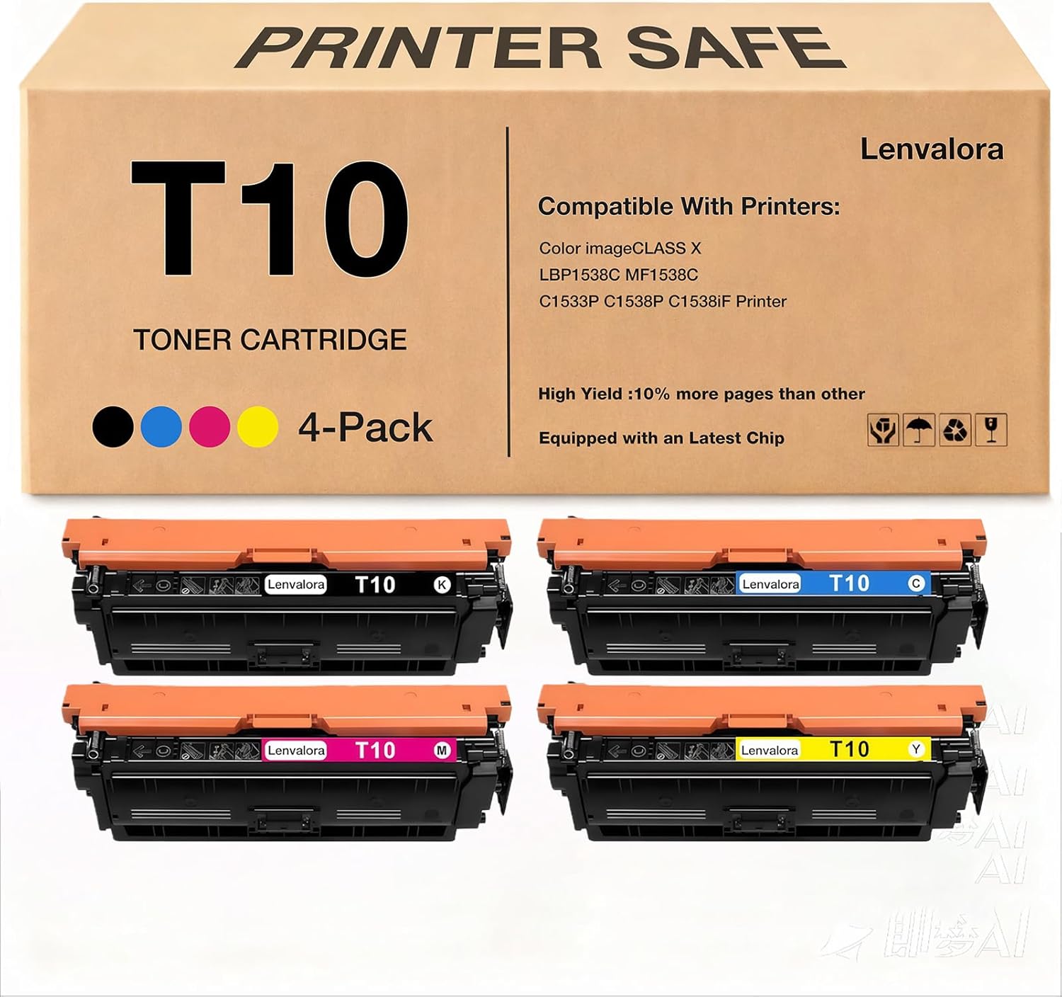 lenvalora T10 High Yield Toner Cartridges Replacement for Canon T10 T10L Toner Work for Color imageCLASS X LBP1538C MF1538C C1533P C1538P C1538iF Printers (4-Pack, BK/C/M/Y)
