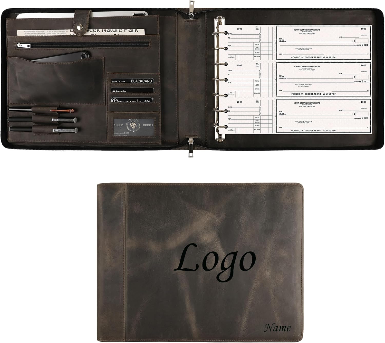 DUKE&COW Leather Business Check Binder - Zippered, 7 Ring, 600 Checks Capacity, 9 x 13 inch Sheets, Grey