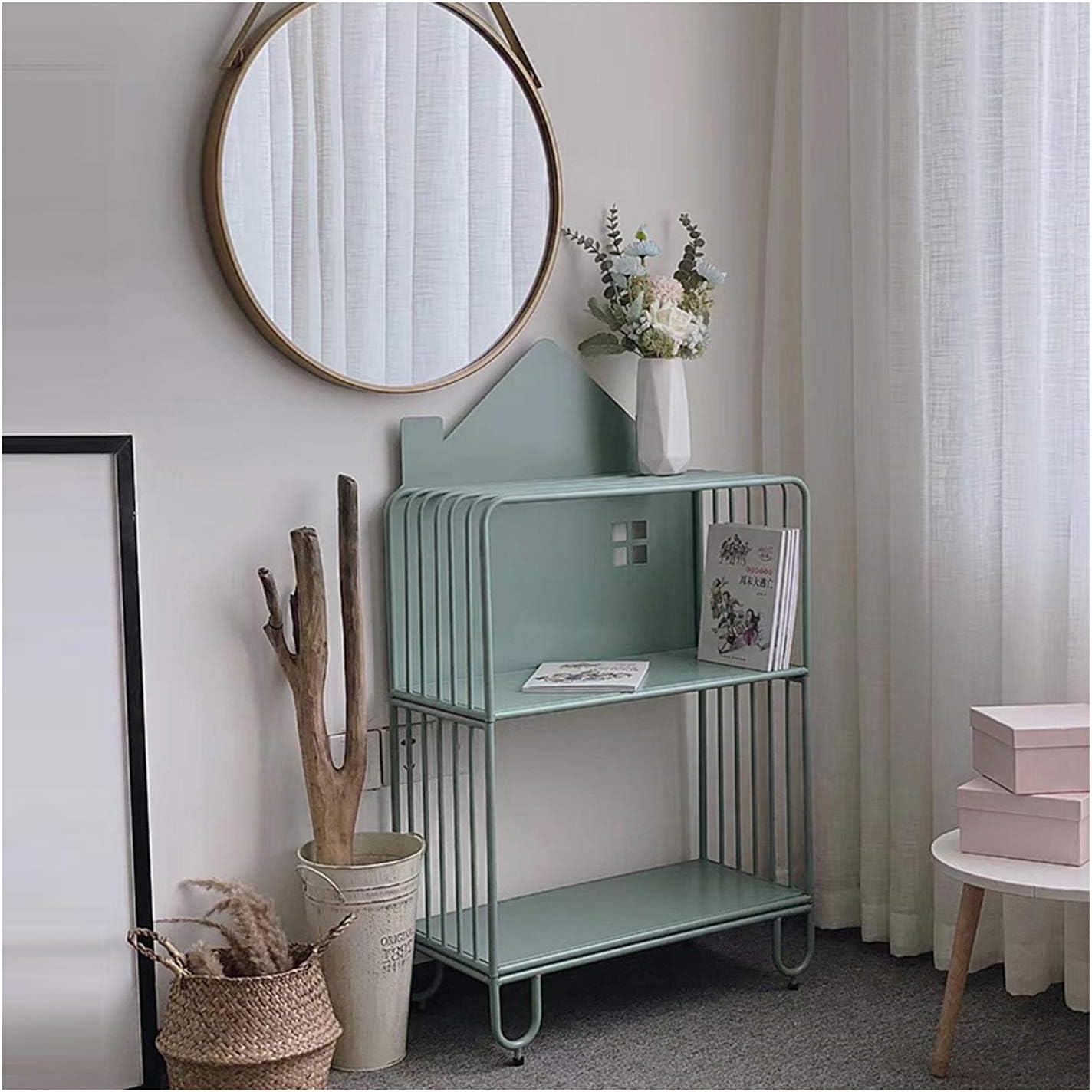 QTBH Bookshelf 2 Tier Metal Bookshelf Rack Child Bookcase Bedroom Picture Book Storage Rack Open Shelf，L 24