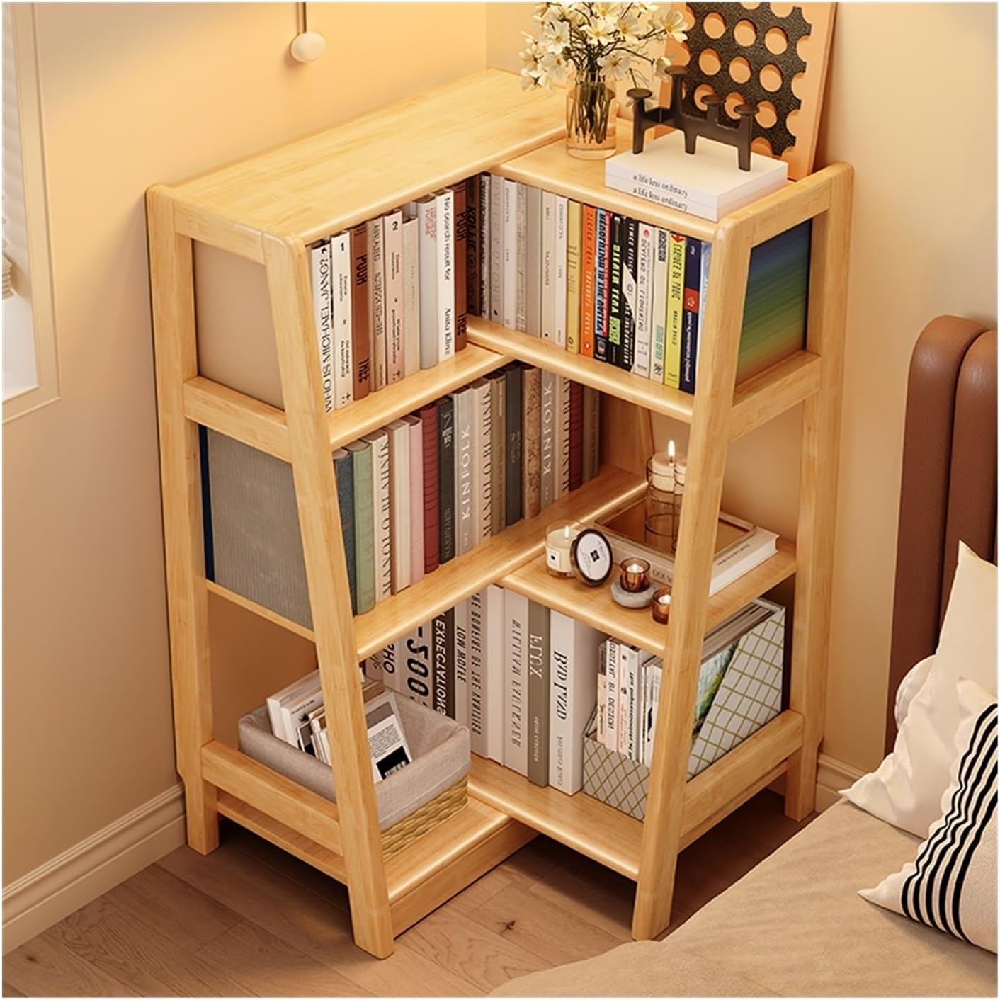 GRFIT Bookcase Solid Wood Bookshelf Living Room Wall Retractable Bedroom Bedside Storage Student Small Bookcase trapezoidal Corner Shelf Bookshelf (Size : B)