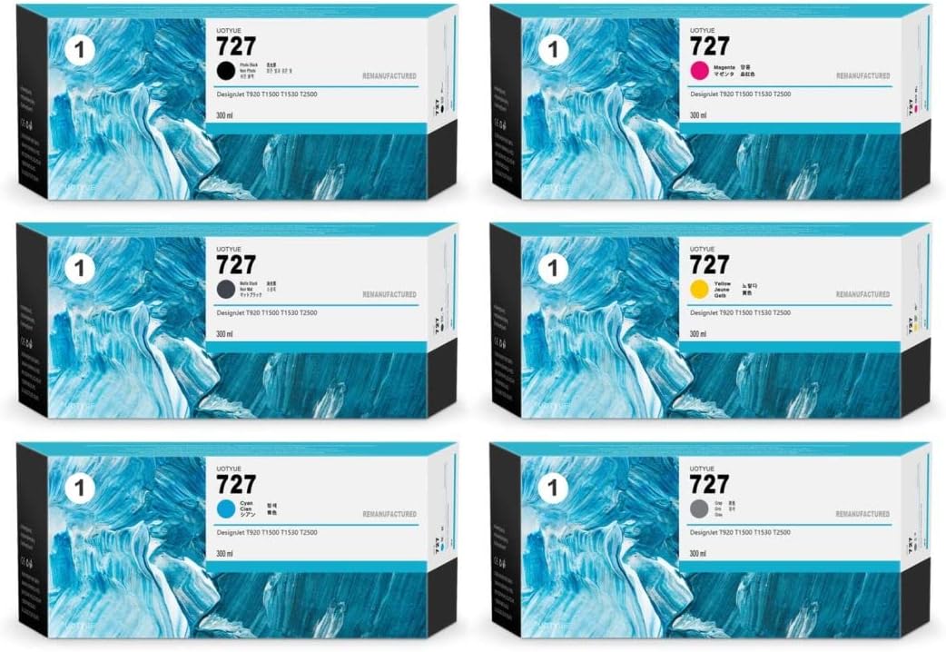 727 300-ml Full Color Ink Cartridges(6-Pcs, Photo Black/Matte Black/Gray/Cyan/Magenta/Yellow) - Compatible Ink Replacement for HP 727 work with DesignJet T1530 T2500 T920 T930 T1500 T2530 Printer