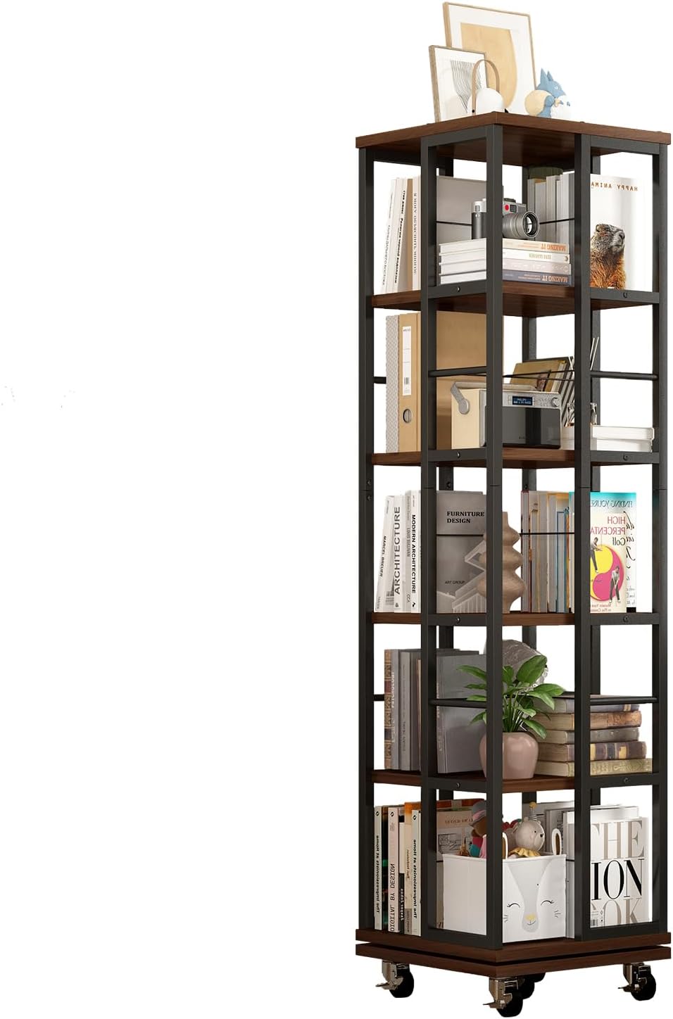 AJLDN Rotating Bookshelf, Spinning Bookcase Tower Large Capacity Corner Bookshelves and Bookcases, 5-Tier 360° Display Floor Standing Narrow Shelf,WalnutBrown-MDFMetal