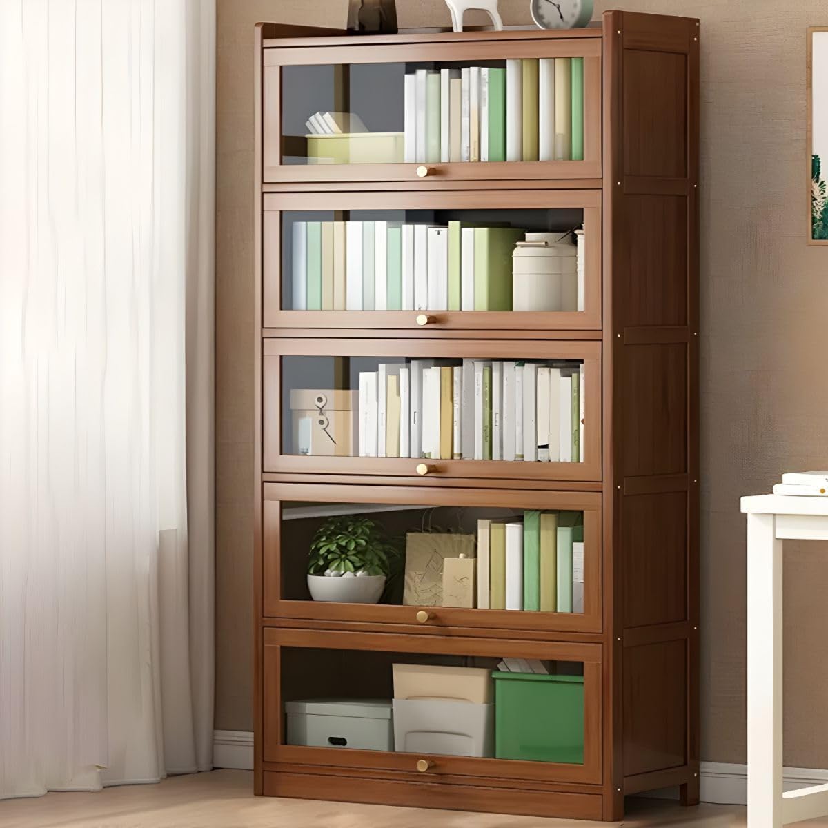 CraftThink Wooden Bookcase, 5 Tier Bookshelf Modern Rectangle Shelves with Closed Back and Cabinet for Bedroom Office Kitchen Living Room- Brown 31.5