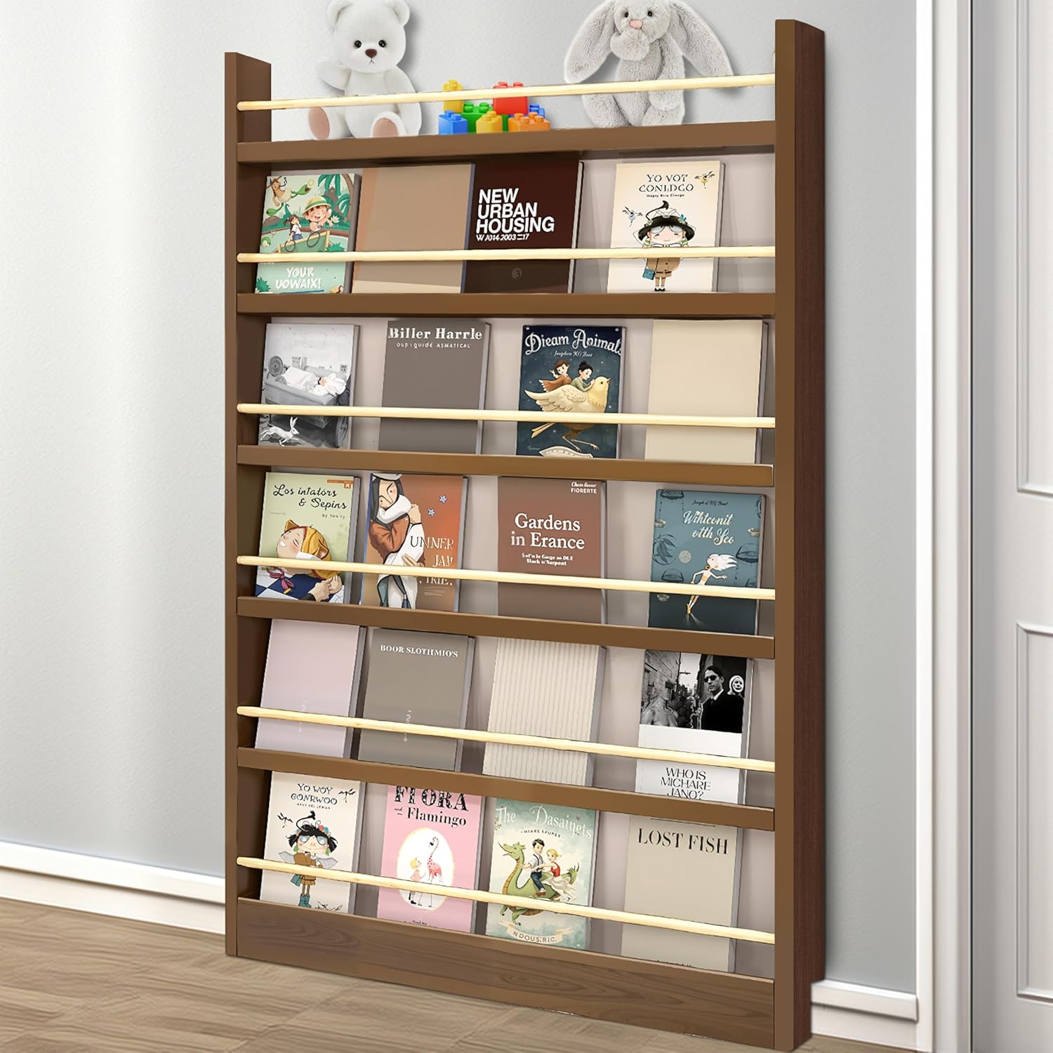 Bookshelf Behind the Door Storage, 6 Tier Narrow Thin Wooden Book Shelf for Kids Rooms, Space-Saving Wall Mounted Toys Books Organizer for Bedroom, Living Room, Office(31.5x70.1x3.9in,Walnut color)