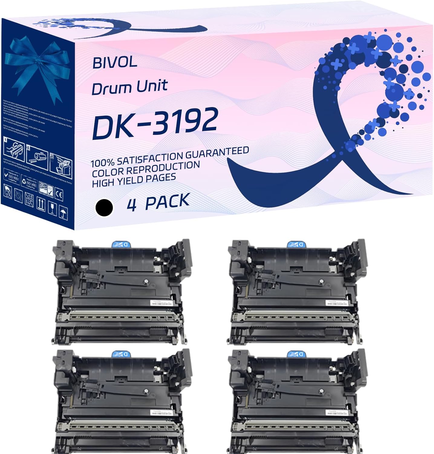 BIVOL Compatible for Kyocera DK-3192 Drum Unit ECOSYS P3150dn P3060dn P3155dn Printers, with Chip, High Yield 600000 Pages, Vivid Colors (4 Pack Black)