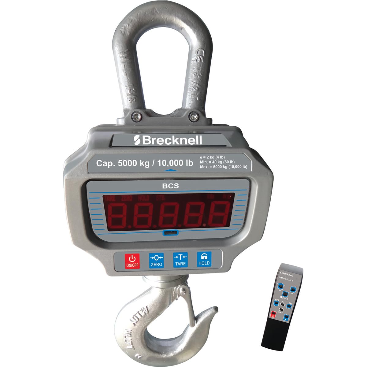 Brecknell BCS Electronic Crane Scale, 10,000 lb Capacity, LED Display, Dual Power, Includes Hook & Shackle, Remote Control, Auto-Off, Aluminum Die-Cast