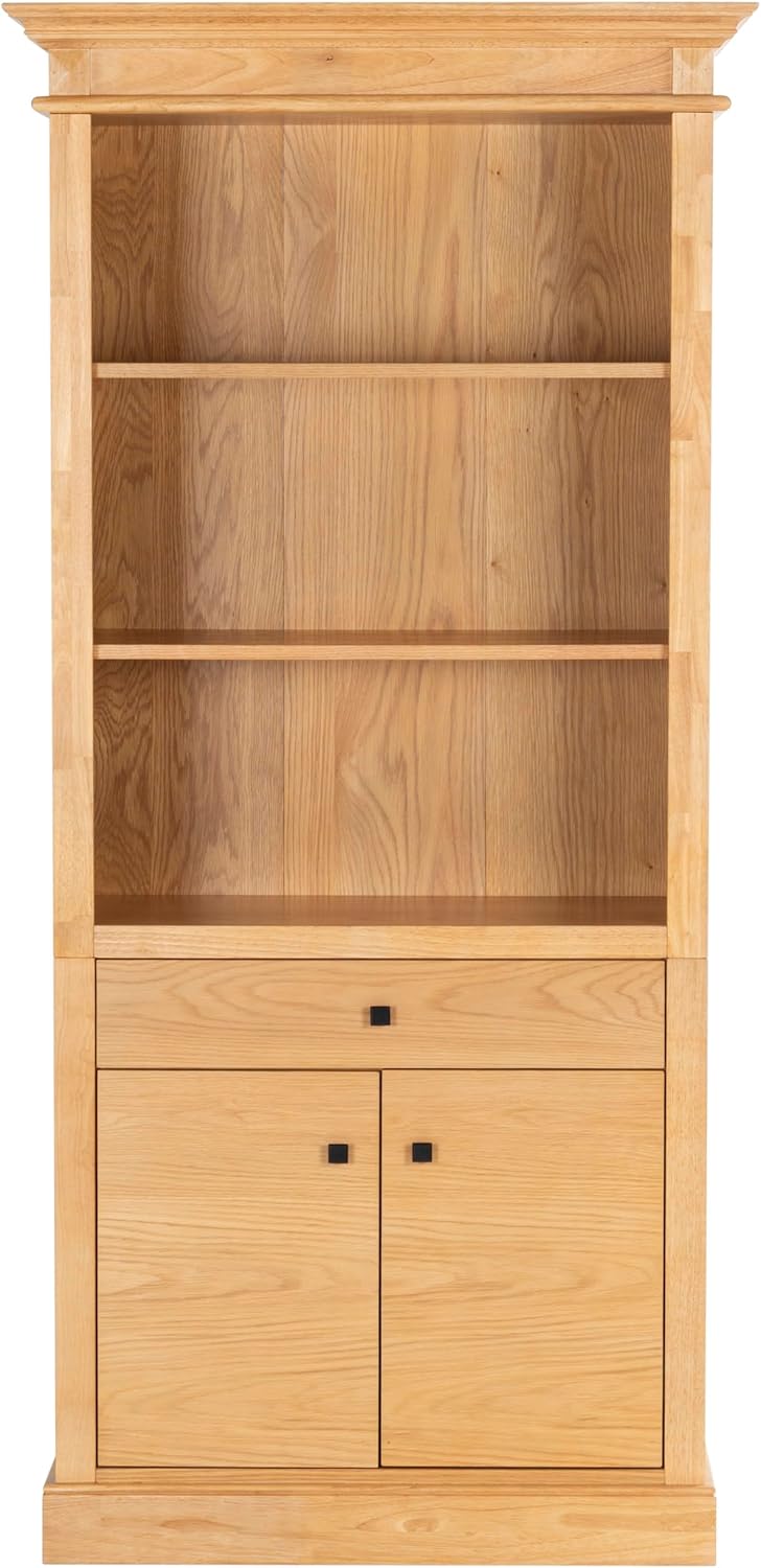 SAFAVIEH Couture Collection - Francesco Natural Brown Wood 4-Shelf Bookcase with Drawer and Cabinet Storage, Modern Oak Veneer Display (SFV4238B)