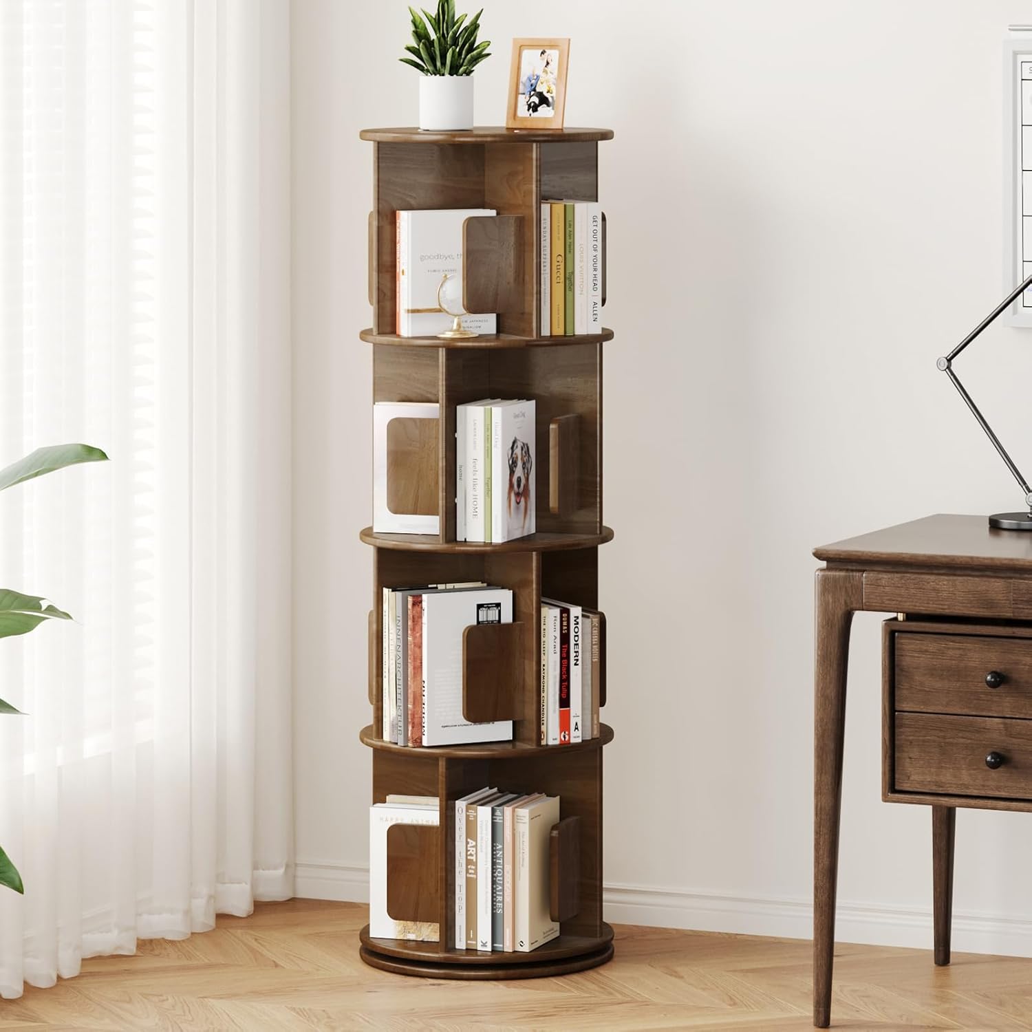 PlushVibes Wooden Rotating Round Bookshelf Tower - 4 Tier 51“ H Tall Solid Wood Walnut Bookshelf for Small Space, 360° Spinning Revolving Modern Bookcase Tower for Living Room, Bedroom, Home Office